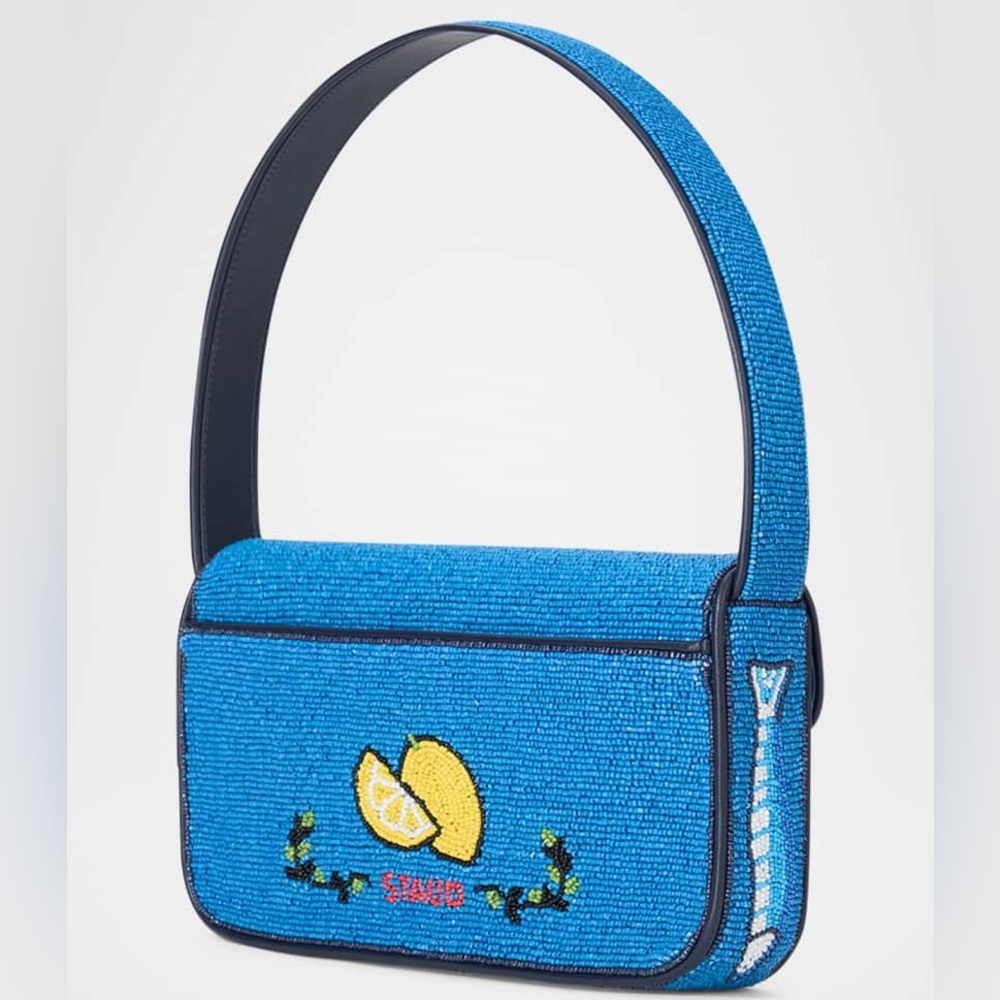STAUD BEADED TOMMY BAG STAUDINES BLACK BLUE - Picture 3 of 7